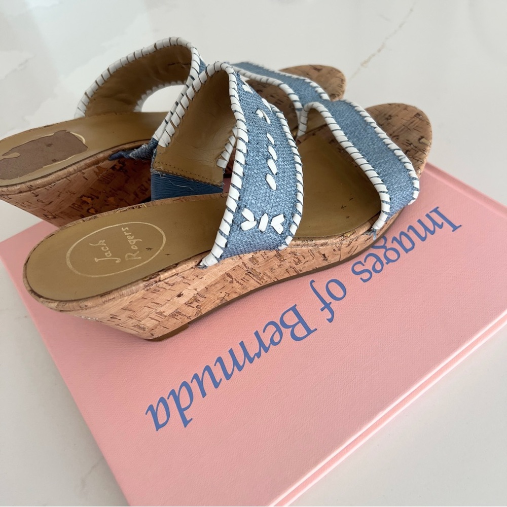 Jack Rogers Wedge Sandals Ella Cork Double Strap Coastal Blue and White Size 10 - Picture 12 of 16